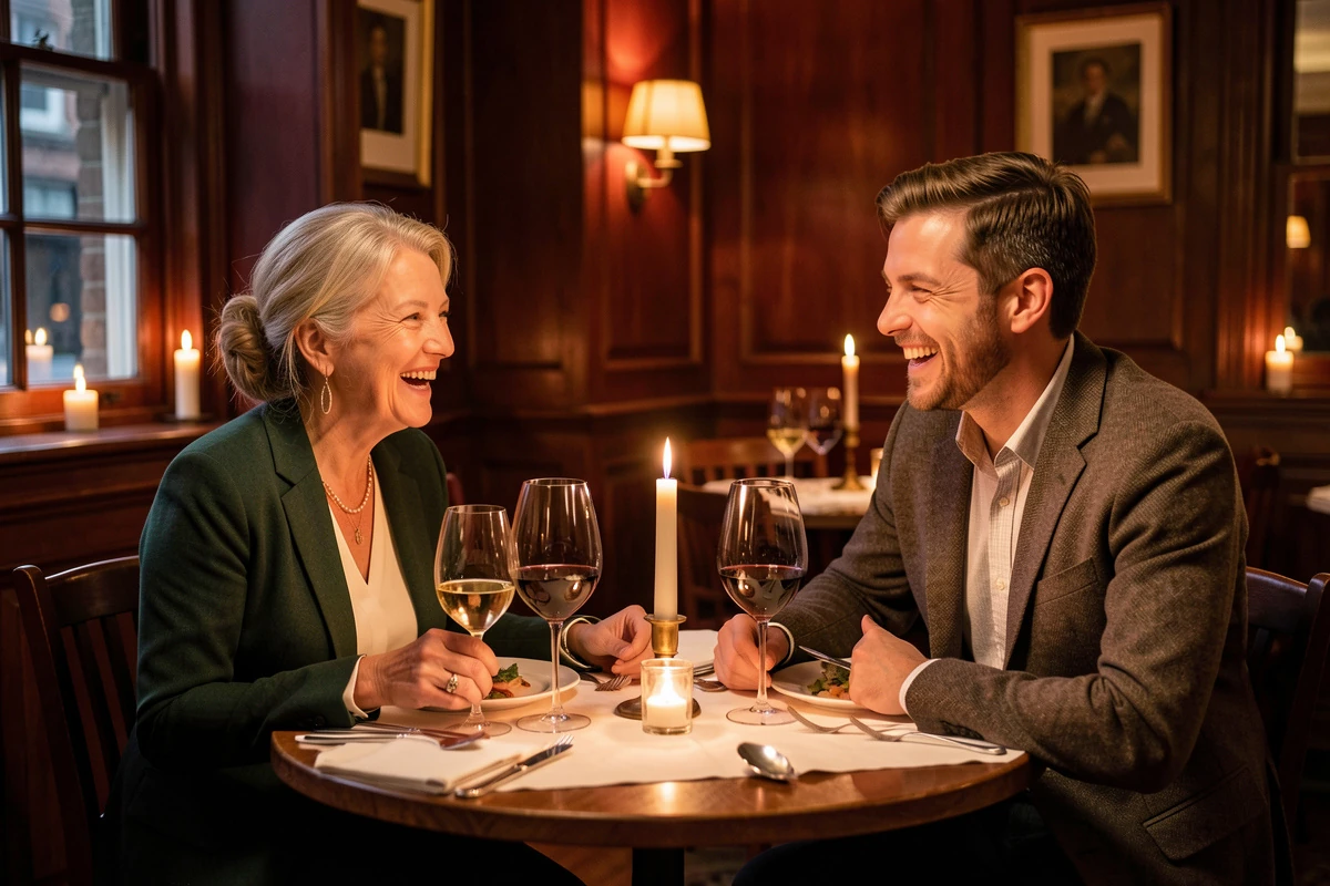 An older woman and younger man dining together in a warm Cork restaurant