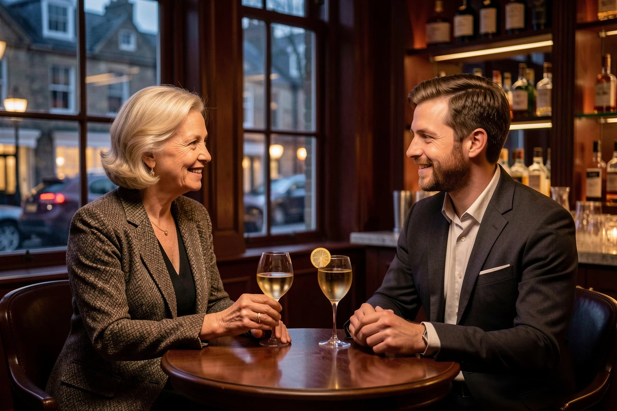 An older woman and younger man sharing a drink in a Dublin bar