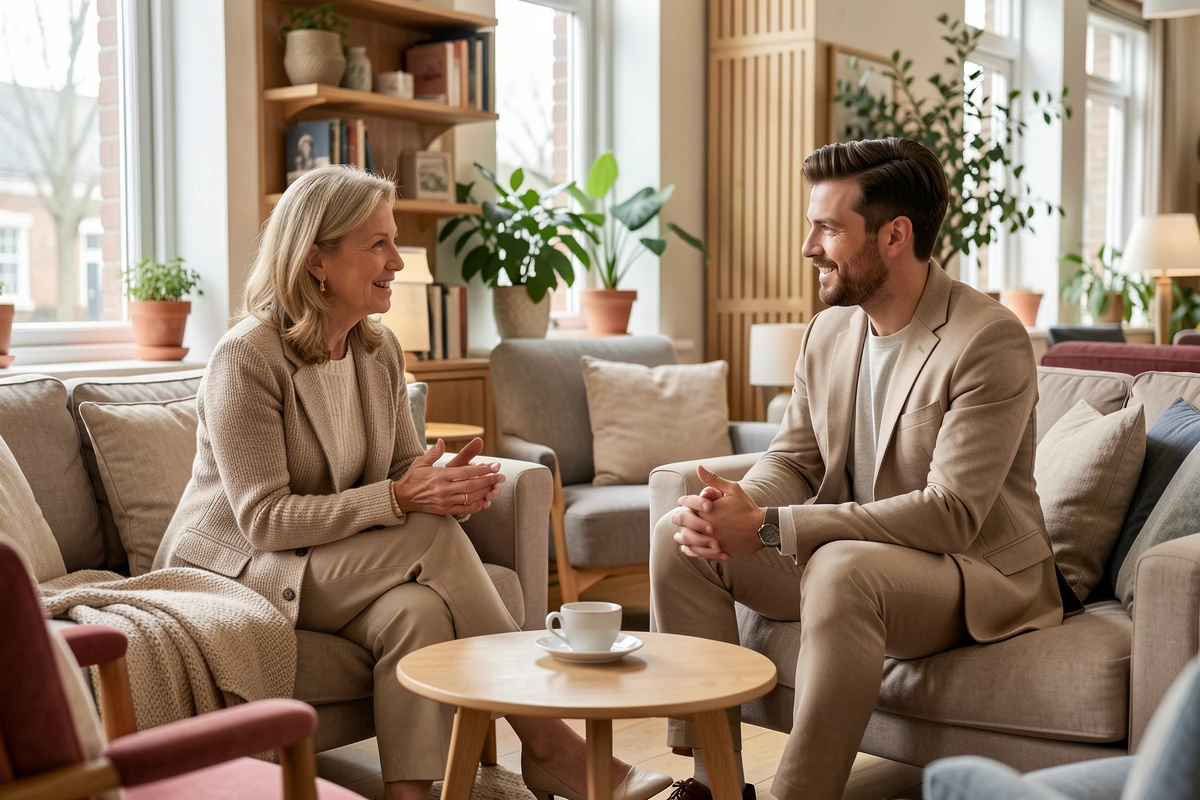 An older woman and younger man having an open conversation at home