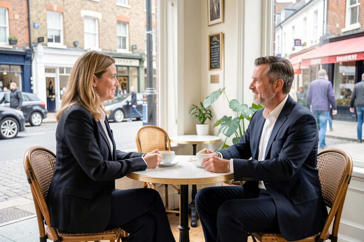A woman and man meeting for coffee in a busy public café