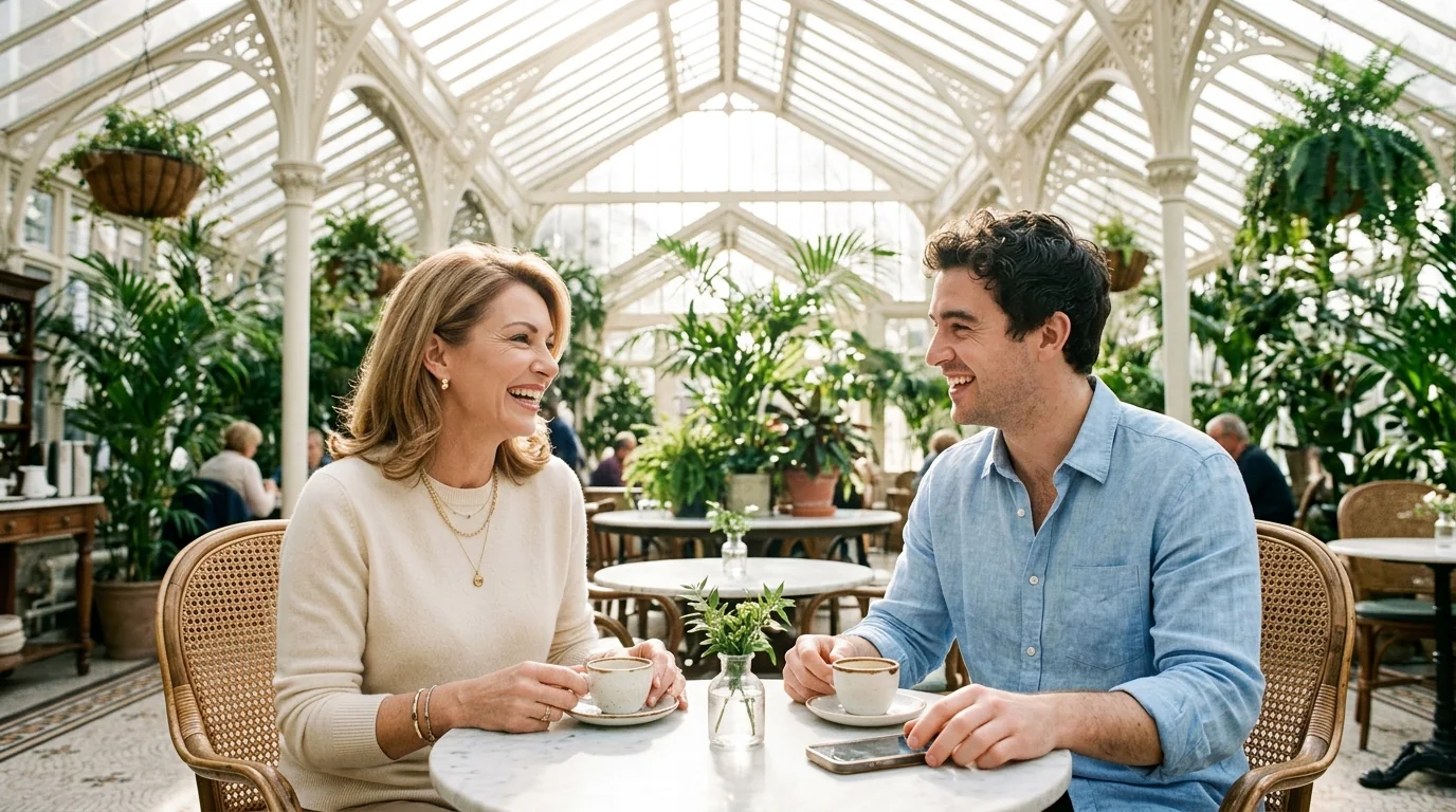 A mature Irish woman and younger man having espresso in a sunlit Dublin hotel conservatory with a smartphone on the table