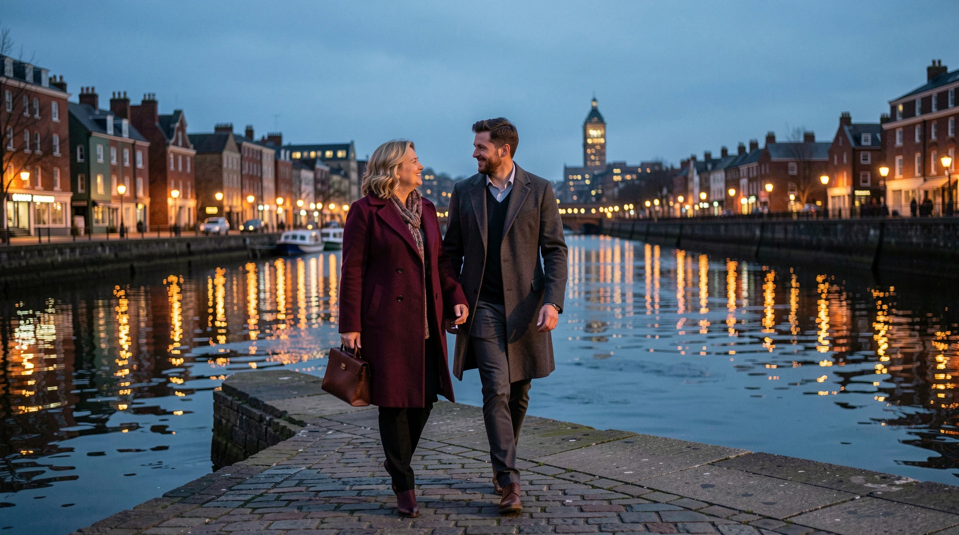 An older woman and younger man walking beside Cork harbour at dusk