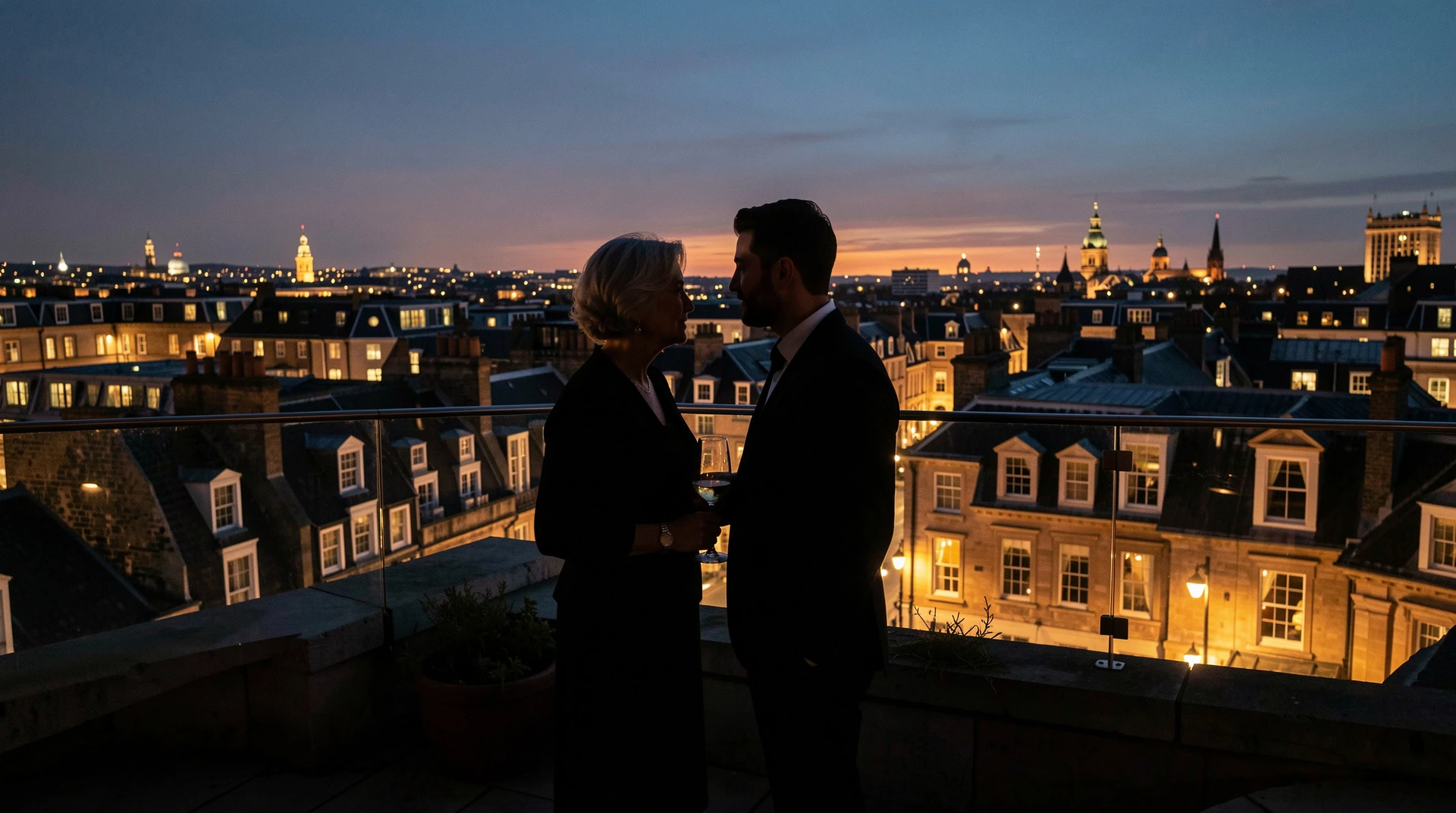 A couple overlooking the Dublin skyline at dusk