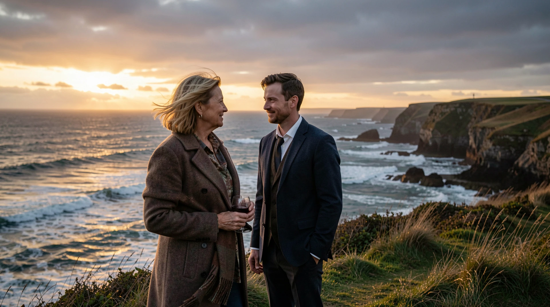 An older woman and younger man talking on the Galway coast