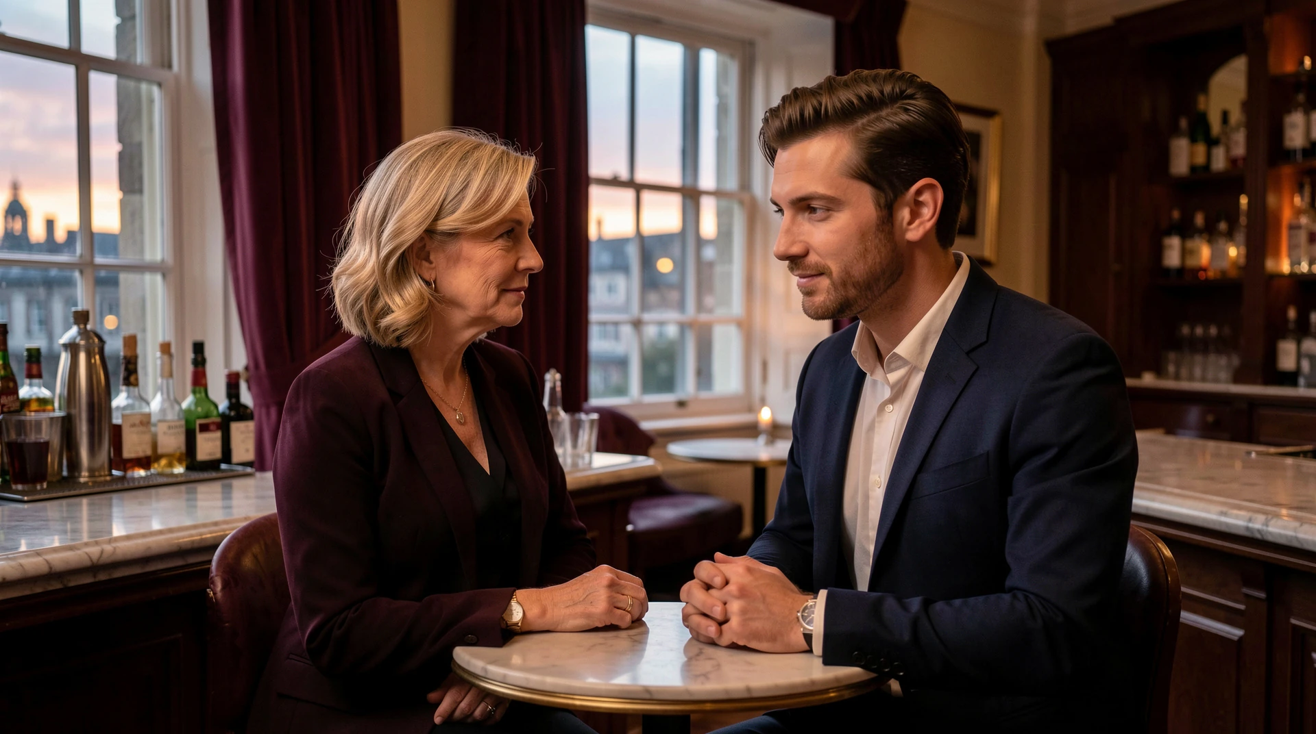 An older woman and younger man talking in an elegant Irish bar