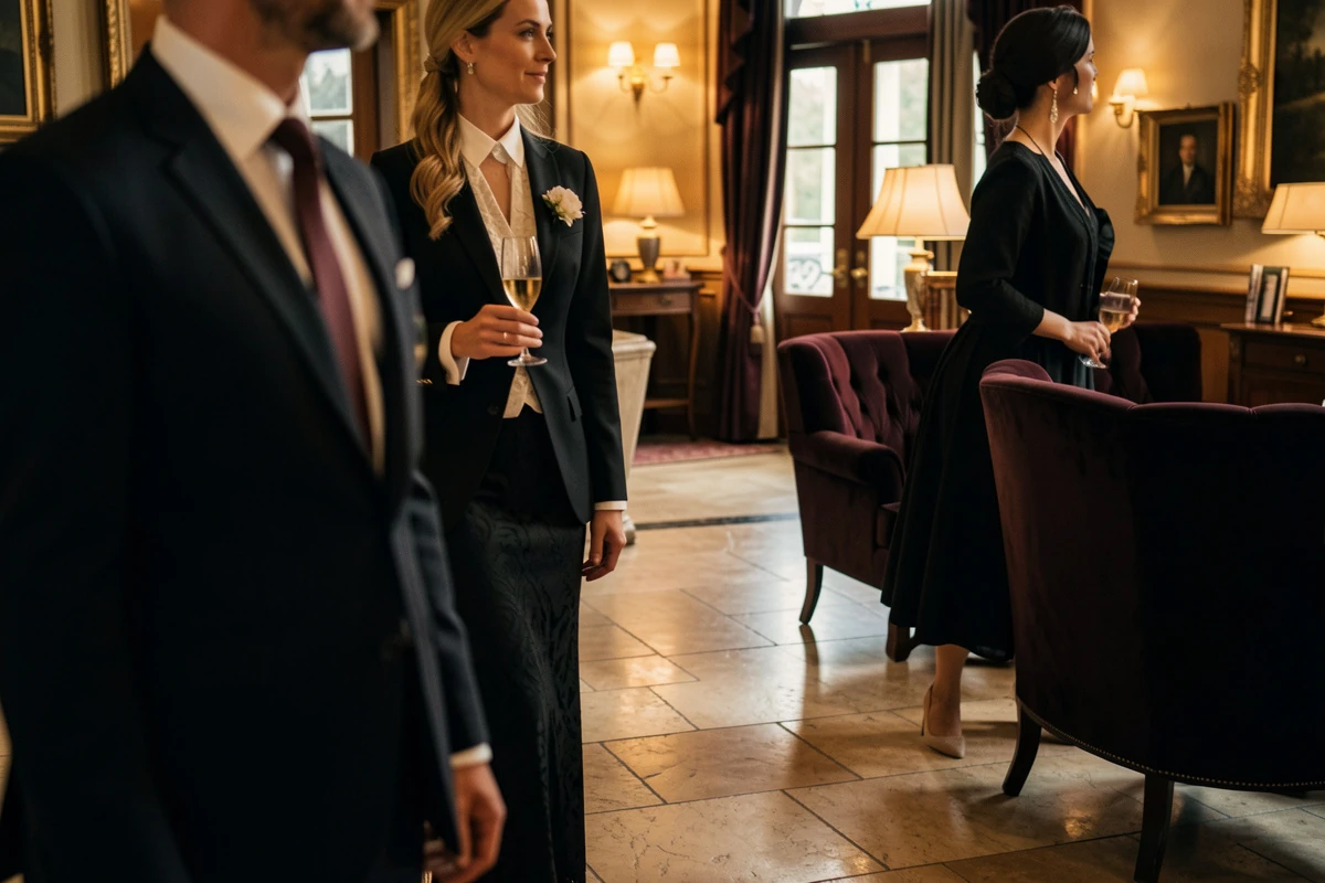 A well-dressed couple arriving separately at a discreet hotel lounge
