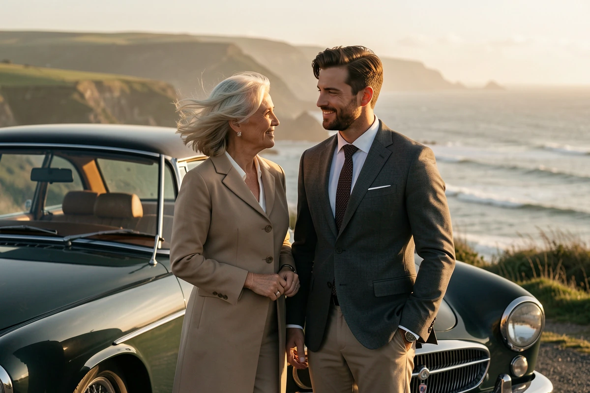An older woman and younger man beside a classic car on the Irish coast